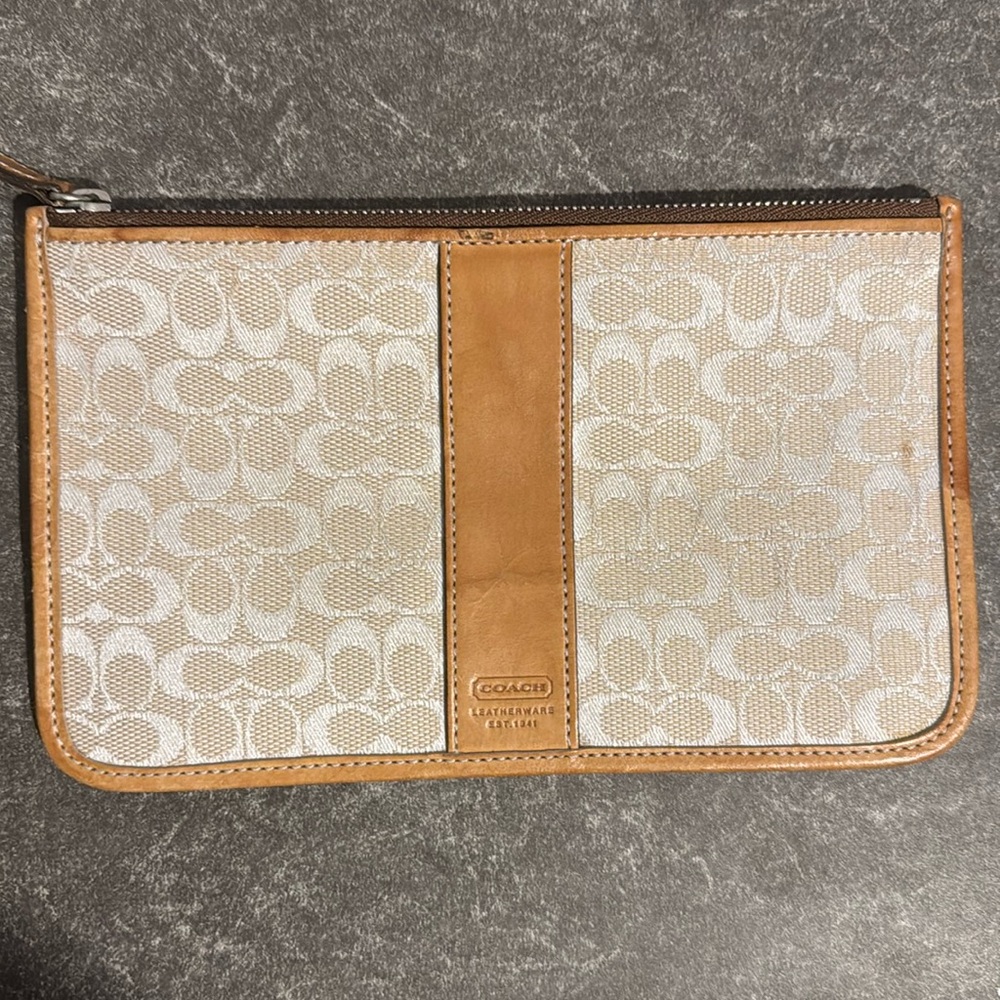 Coach small leather and fabric clutch with zipper